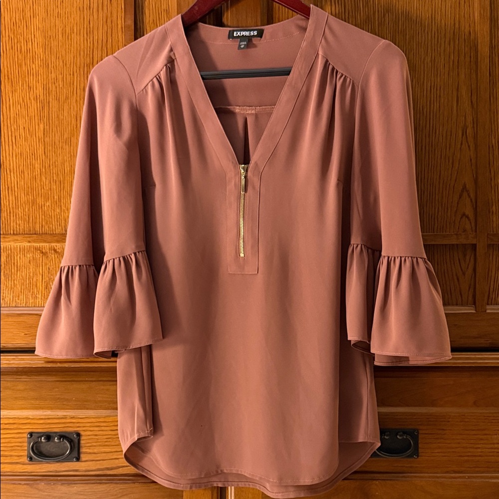 Express Chiffon Popover V-Neck Zip Front Bell 3/4 Sleeve Pullover Blouse Office